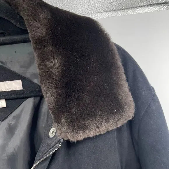 Jones New York Black Modacrylic Velvety Winter Coat XL Faux Fur Trim Full Zip - Picture 14 of 16